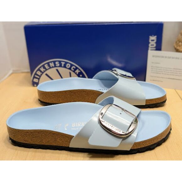 Birkenstock Madrid Big Buckle Baby Blue Natural Leather Patent Sandals EU 40 NIB - Picture 2 of 13